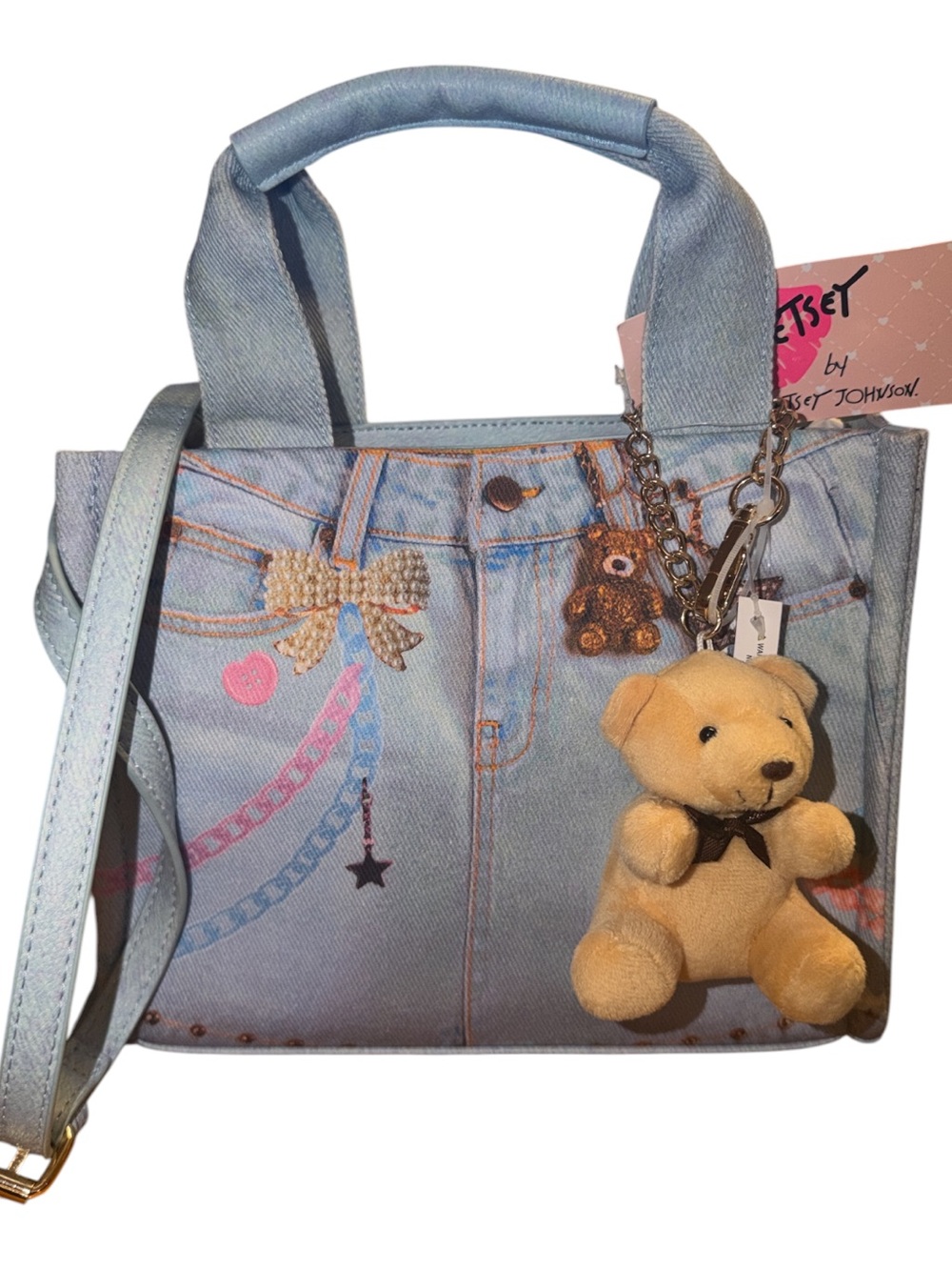 Luv Betsey by Betsey Johnson Denim Blue Jean Tote Crossbody Bag + Bear Charm